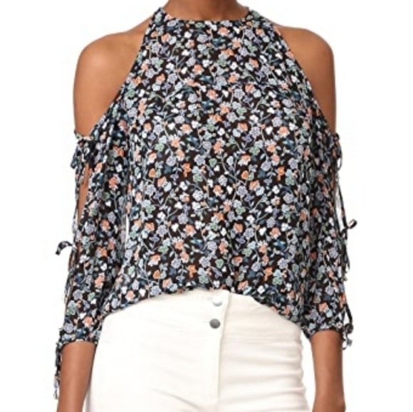 Veronica Beard Flynn Cold-Shoulder Floral Metalic Print Silk Blouse Size 2 - Picture 3 of 15